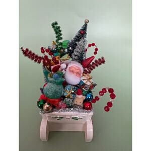 Vintage-Style Handmade Christmas Santa Sleigh Assemblage – Bottle Brush Tree